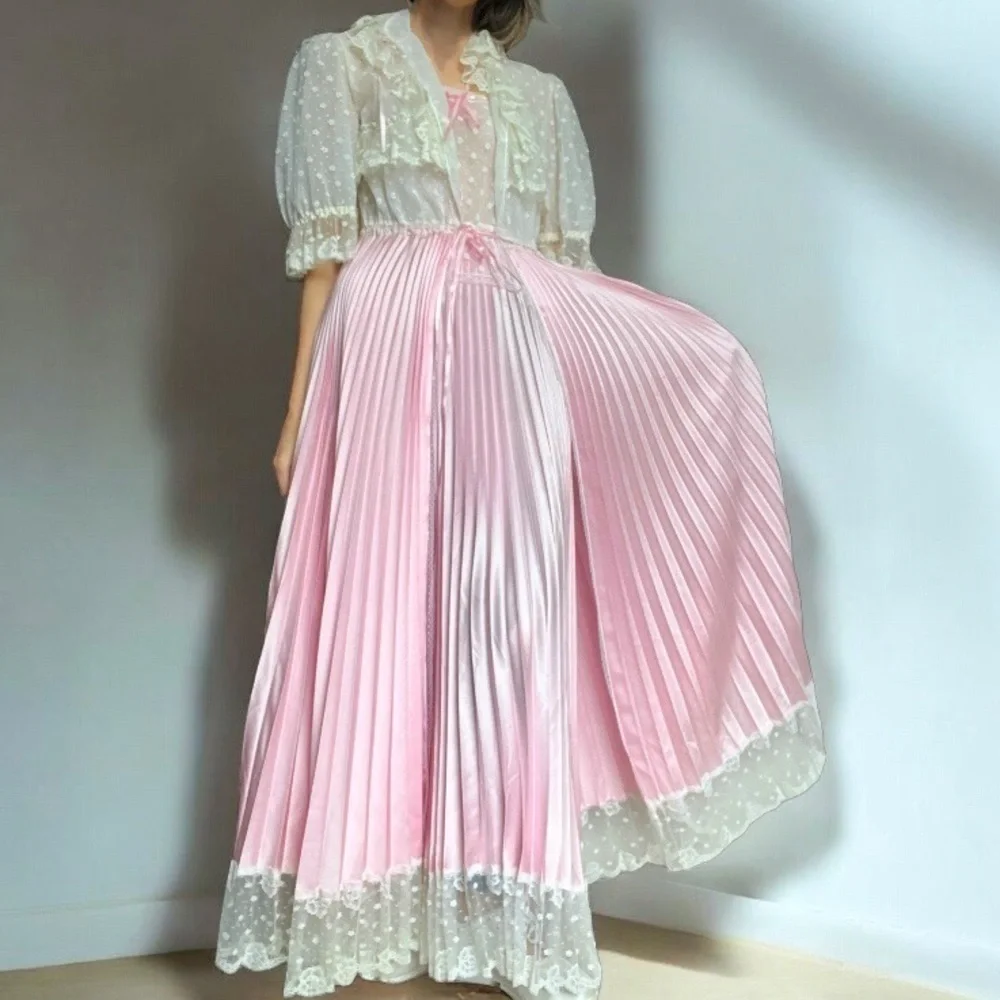 Vintage 70s Pink Satin Lace Peignoir Set Slip Dress & Robe Romantic Edwardian - Picture 2 of 16